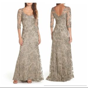 TADASHI SHOJI Corded Embroidered Lace Silver Gown